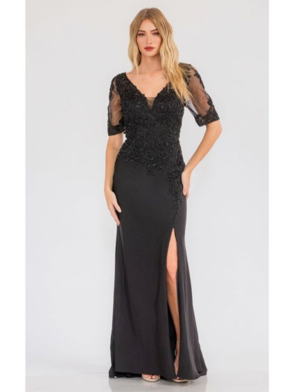 Clearance Black Size L Sheer Short Sleeve Evening Gown By Juliet JTM15L